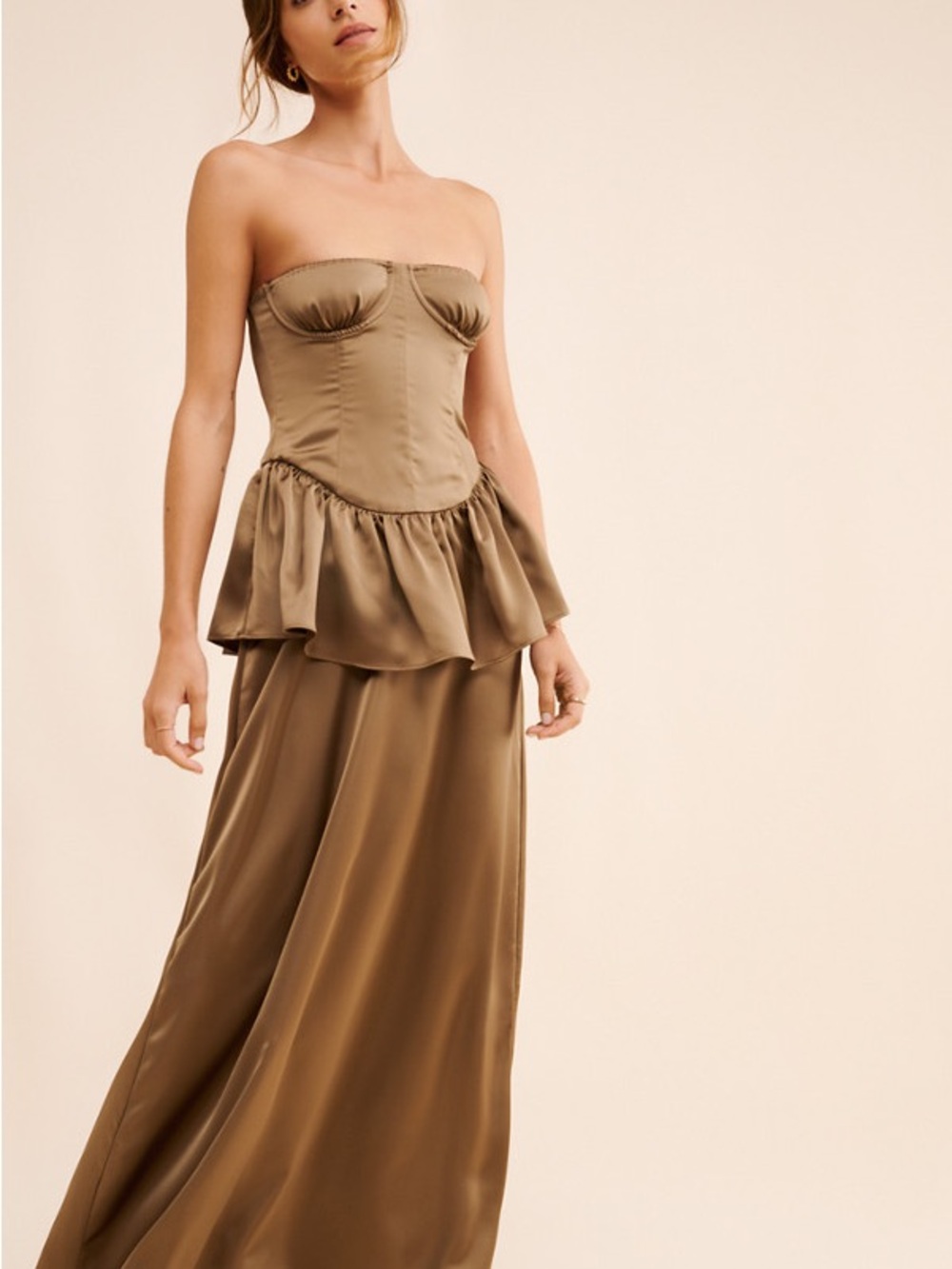 Strapless Peplum Satin Maxi Dress in Olive Brown